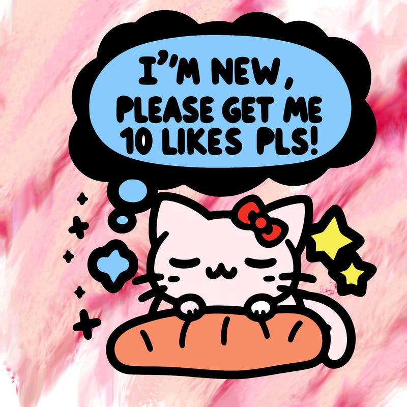 kitty taking a nap dream talking and saying "i'm new, please get me at least 10 likes pls!!"