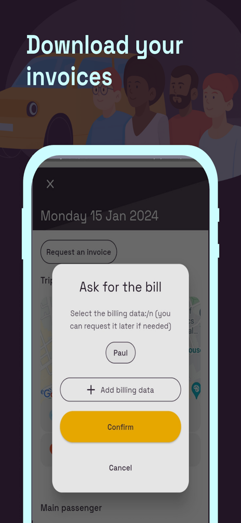 TaxiClick - Tela do aplicativo TaxiClick mostrando como solicitar uma fatura e gerenciar dados de faturamento para faturas de corrida de táxi.