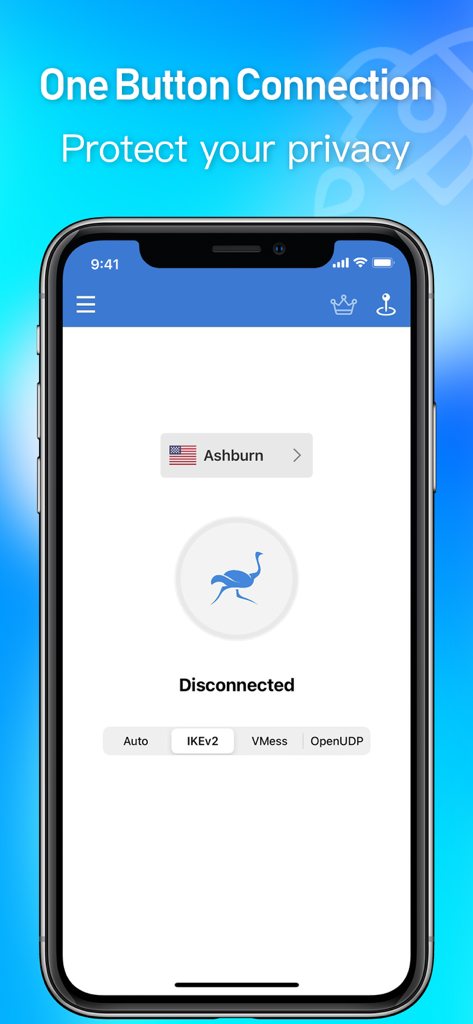 Ostrich VPN app interface on iPhone showing the one button connection for privacy protection