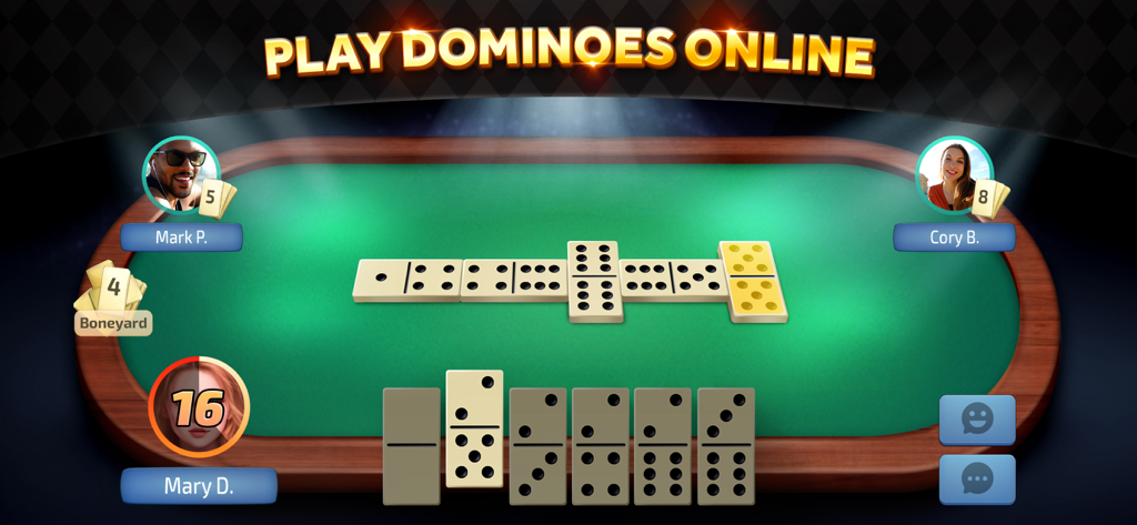 Une capture d'écran d'une partie de domino en ligne montrant les joueurs et les tuiles sur une table verte.