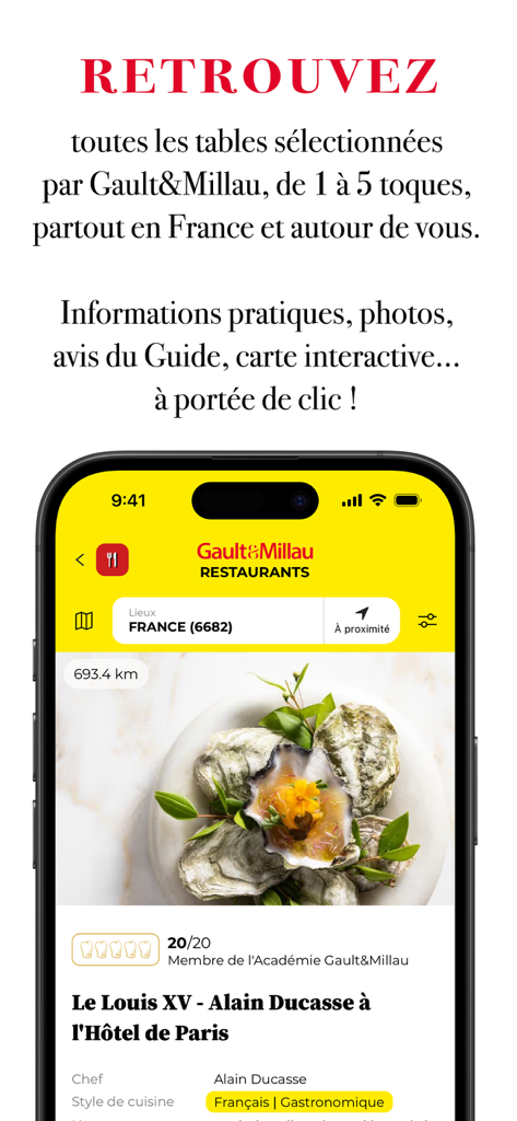 Gault&Millau France - Gault and Millau France mobile app interface showing a high end restaurant listing with expert ratings