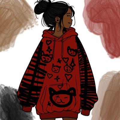 realistic girl with a oversized sweatshirt on and a bun