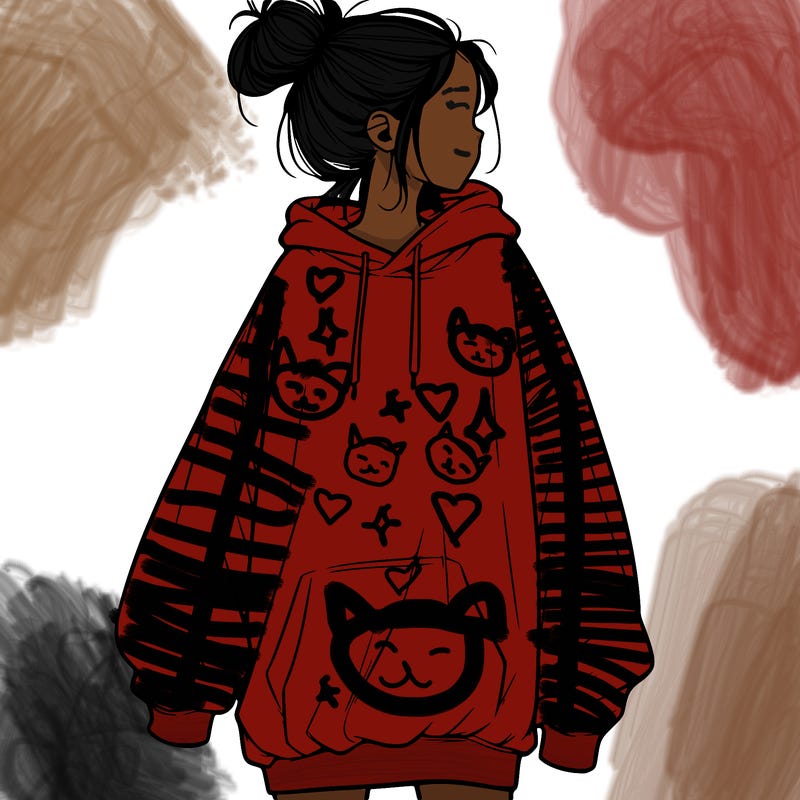 realistic girl with a oversized sweatshirt on and a bun