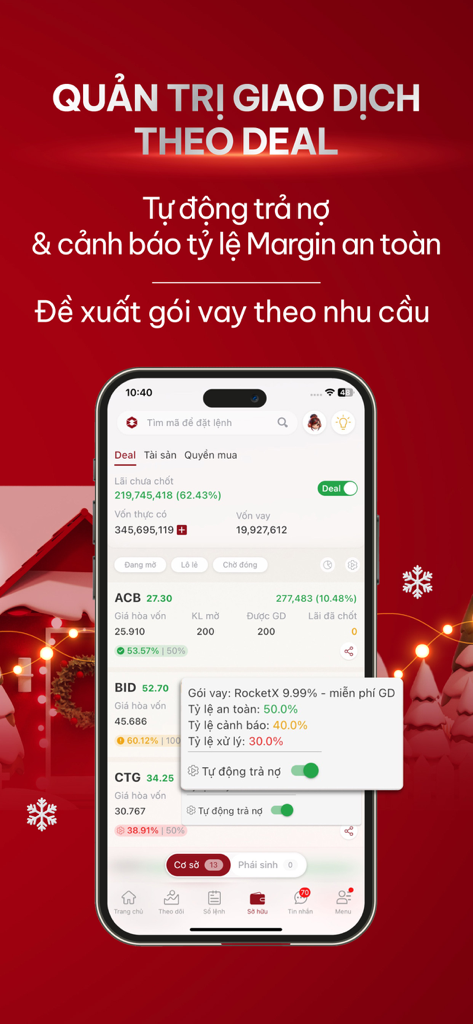 Entrade X by DNSE: Stocks - Pantalla de la aplicación de trading de acciones Entrade X que muestra la gestión de transacciones basada en acuerdos y alertas de margen