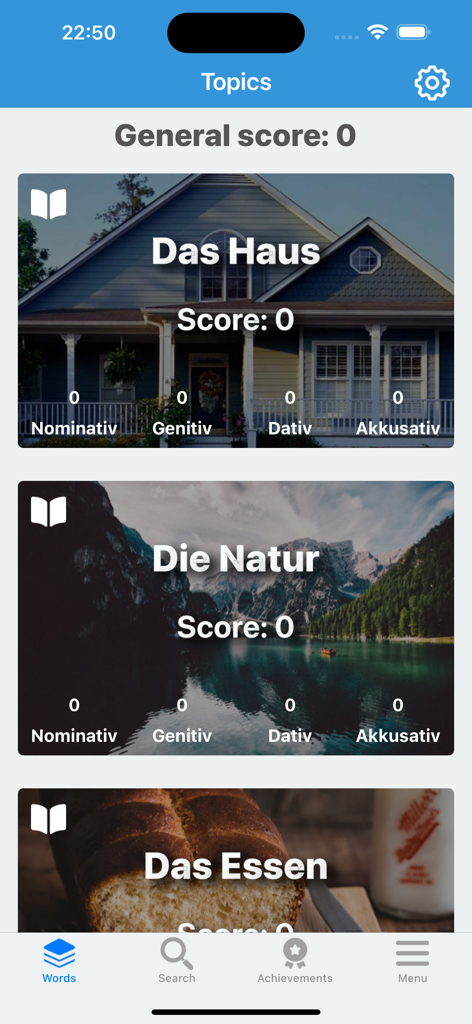 La pantalla Temas de la aplicación Los Artículos mostrando categorías como Das Haus y Die Natur con seguimiento de puntuación para los casos alemanes.