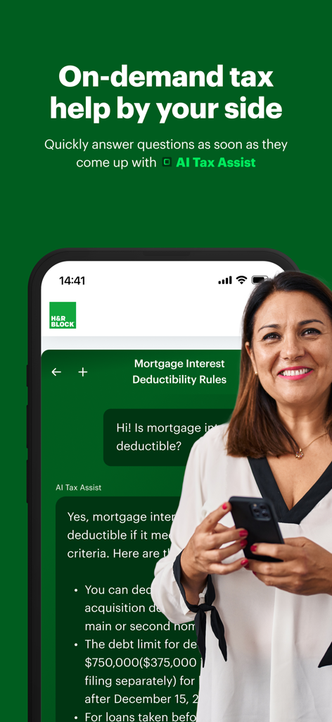 HR Block app screen showing AI Tax Assist feature answering a tax question