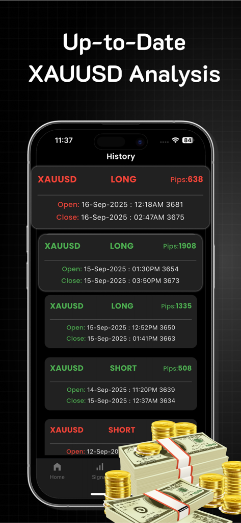 XAUUSD XAGUSD Signals Notifica - A mobile app screen displaying a history of XAUUSD trading signals with long and short positions and profit data.