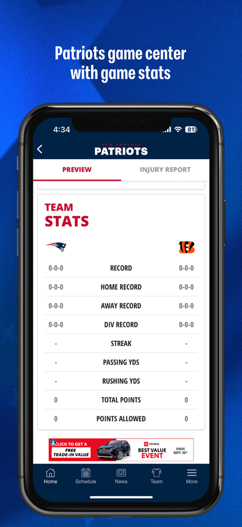 Screenshot of the New England Patriots app showing a team stats comparison page between the Patriots and the Bengals.