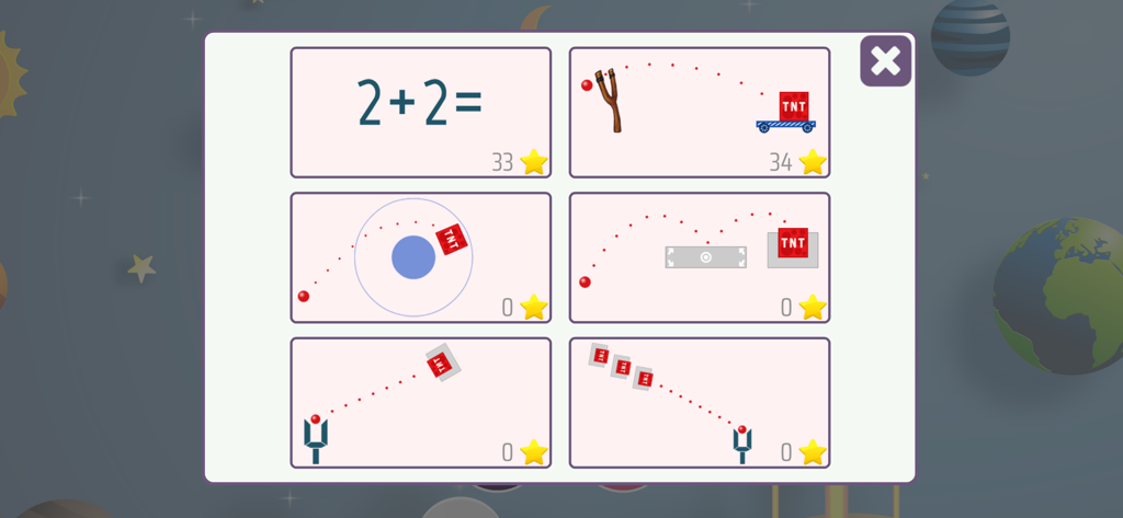 Times Tables 10x10 - A selection screen showing six educational mini games from the Times Tables 10x10 app featuring math and physics based challenges.
