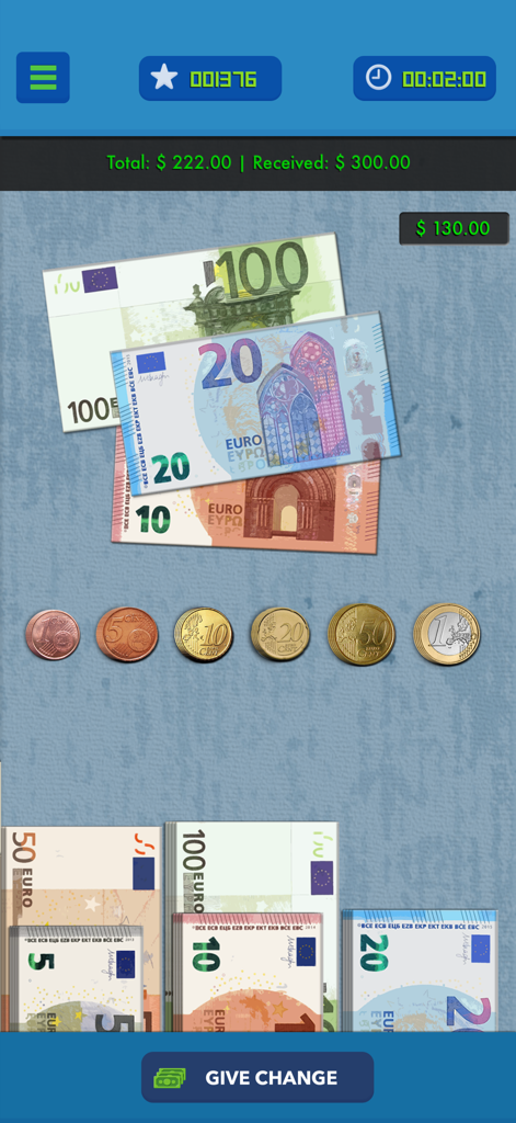 Take Your Money - Interfaz de juego educativo que muestra billetes y monedas de euros para practicar cómo dar el cambio.