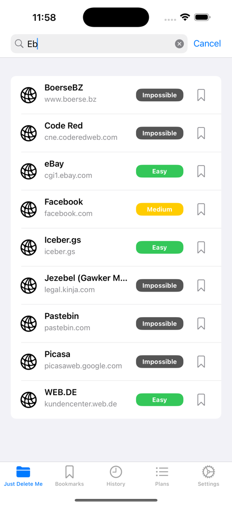 A list of websites in the Just Delete Me app showing account deletion difficulty ratings like easy medium and impossible