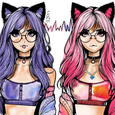 realistic girl with fluffy cat ears with round glasses and an oversized crop top