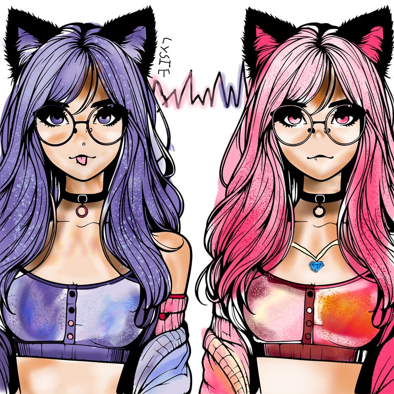 realistic girl with fluffy cat ears with round glasses and an oversized crop top