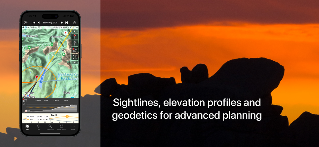 The Photographer's Ephemeris - Interfaz de la aplicación The Photographers Ephemeris que muestra líneas de visión y perfiles de elevación para la planificación de fotografía durante el atardecer.