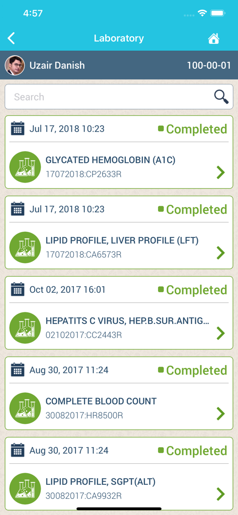 Family Hifazat - List of completed laboratory test results in the Family Hifazat medical app