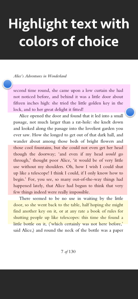 PDFマークアップツールを使用して、ピンク、オレンジ、黄色のハイライトが付いたテキストの段落を表示する画面