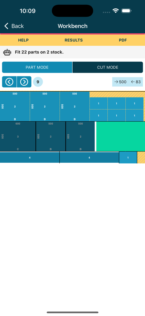 Cutlist Optimizer V2: SmartCut - Optimized cut list diagram on a workbench view showing how to fit multiple parts on a stock sheet