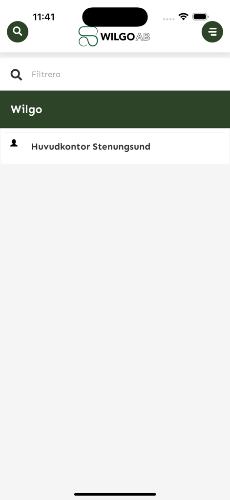 Wilgo AB - Interface móvel do aplicativo Wilgo AB mostrando um filtro de pesquisa e a localização da sede em Stenungsund