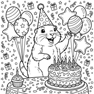 Get ready to party with this delightful prairie dog coloring page! Join in the birthday fun as this charming critter celebrates with cake, balloons, and plenty of cheer.