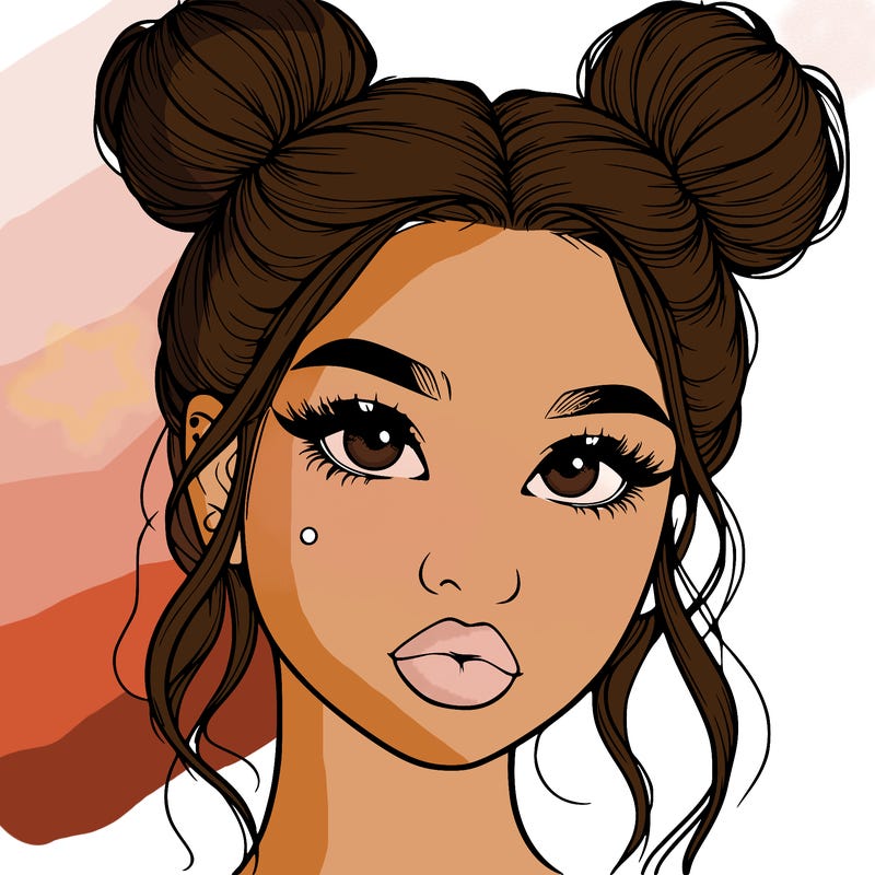 realistic girl with two buns on her hair and lips