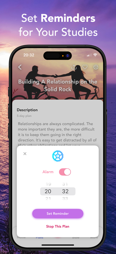 스마트폰 화면에 표시된 여성용 매일 묵상 앱의 공부 알림 기능