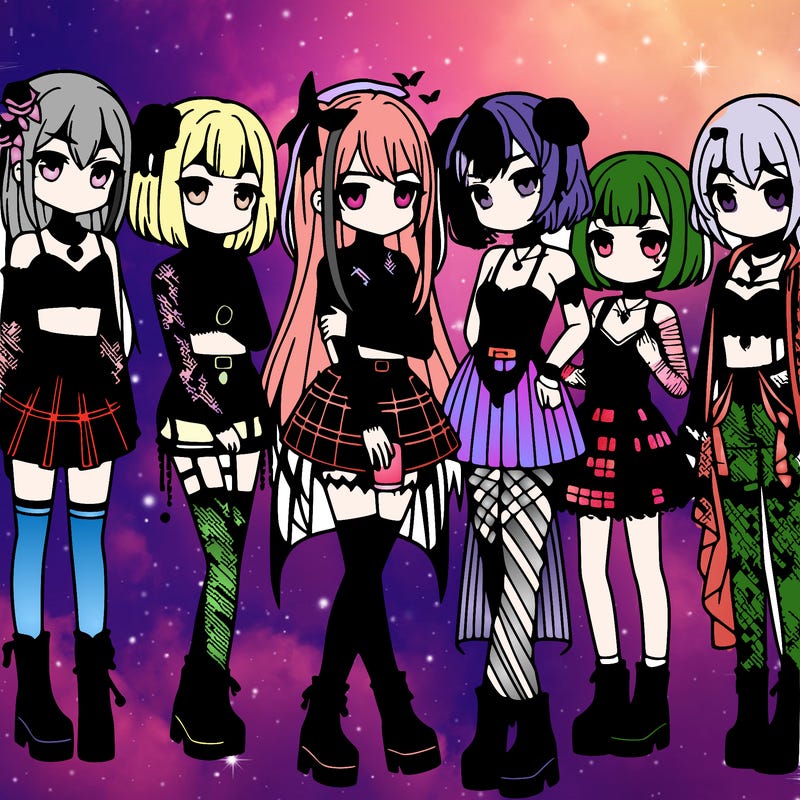 a group of anime girls wearing goth outfits