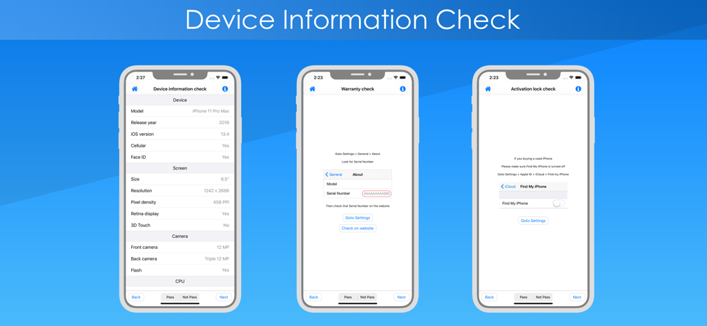 Test & Check for iPhone - Three screens displaying device specifications, warranty status, and activation lock check for used iPhone verification.