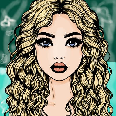 realistic detailed girl with long curly hair and lips