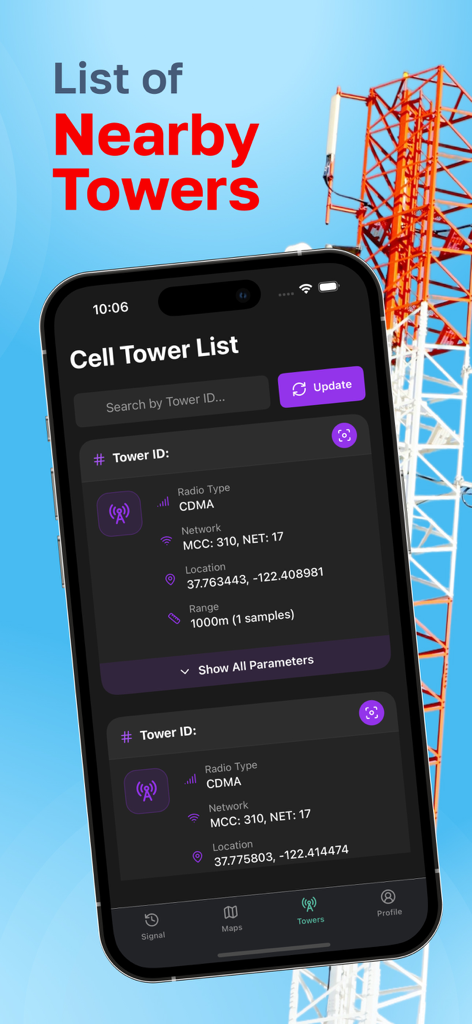Cellular Tower － Signal Finder - Uno schermo di un'applicazione mobile che visualizza un elenco dettagliato delle torri cellulari vicine con informazioni sulla rete e sulla posizione