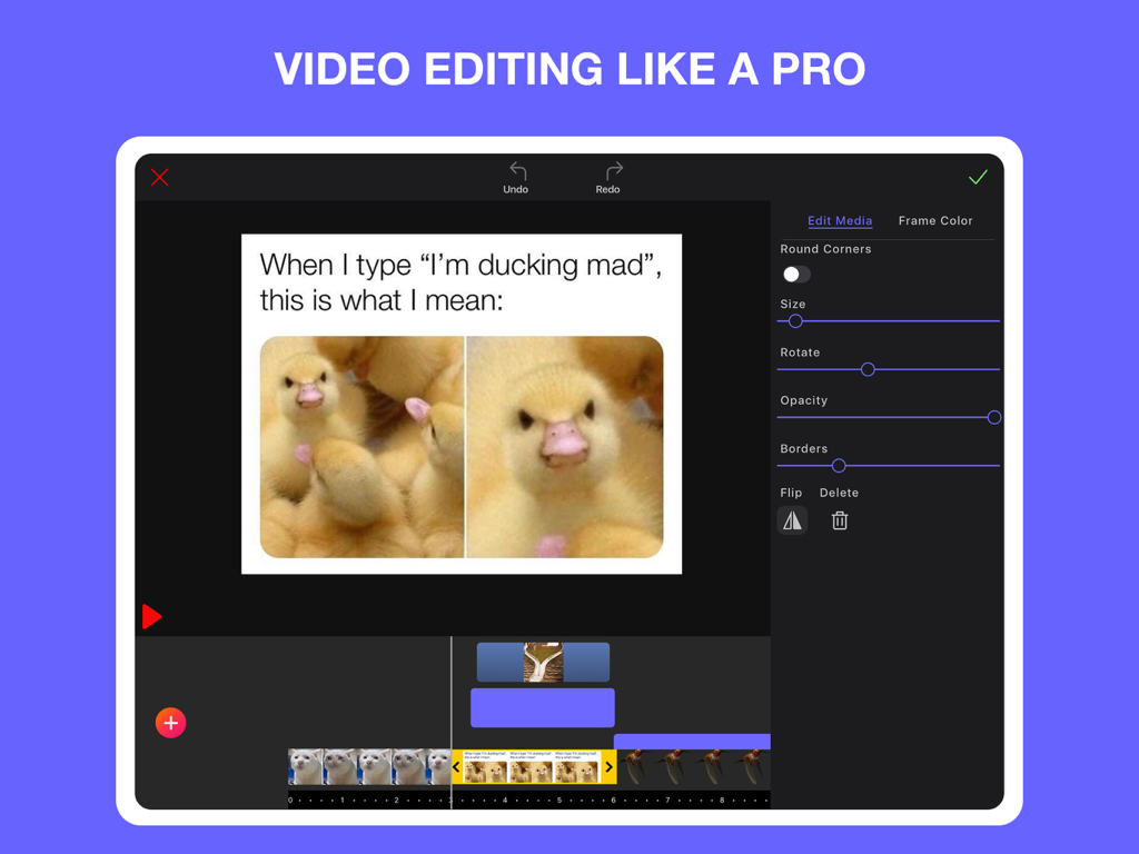 Video meme editing interface on an iPad showing a duckling meme