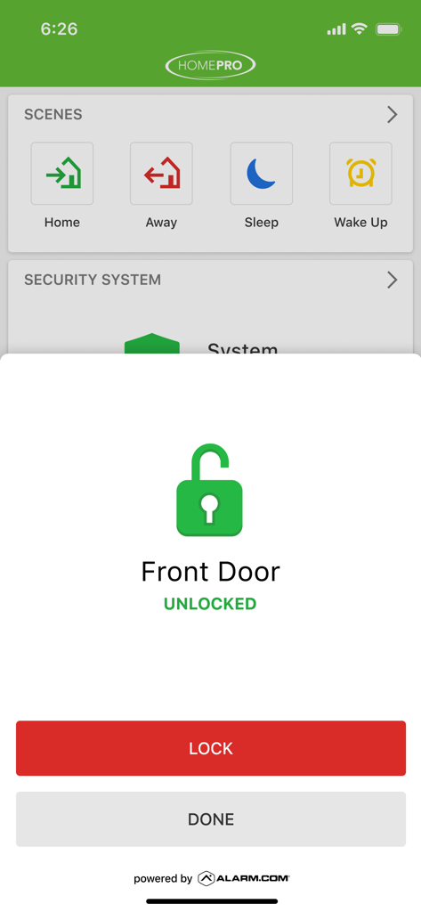 HomePro Security - HomePro Security app interface showing the front door is unlocked with a button to remotely lock it