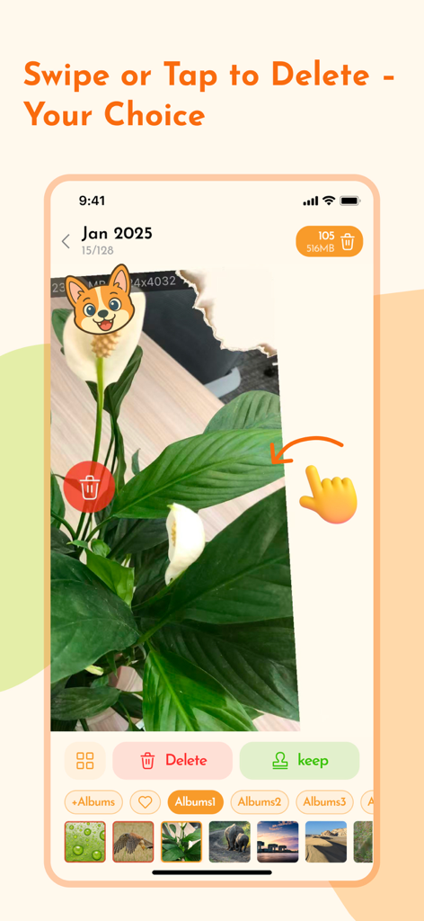 Photo Deleter: Photo Cleaner - Una interfaz móvil de la aplicación Doggy Cleaner que muestra a un usuario deslizando hacia la izquierda para eliminar una foto de su biblioteca