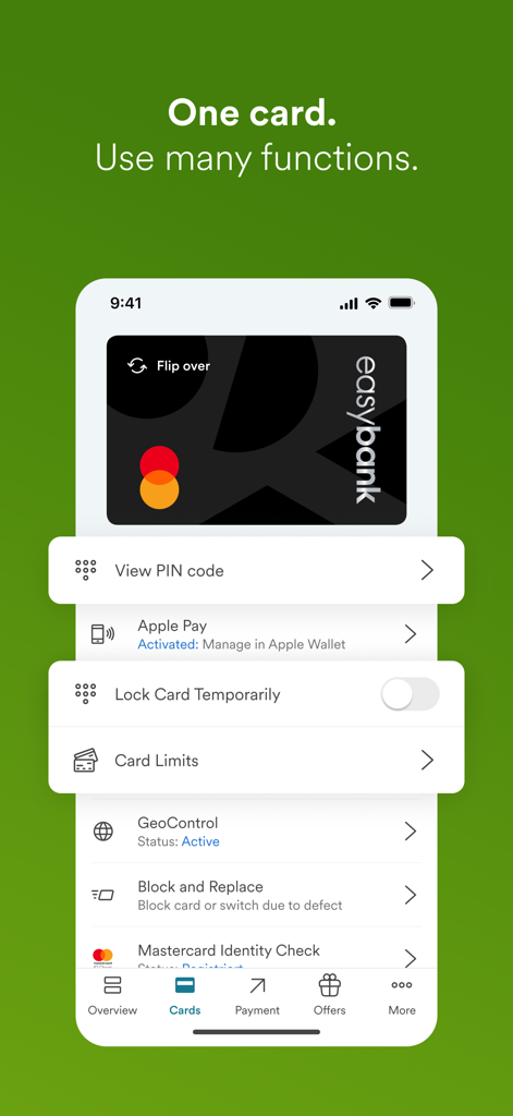 Easybank App-Oberfläche mit mobilen Kartenmanagement-Funktionen, einschließlich Sicherheitssperren und Ausgabenlimits.
