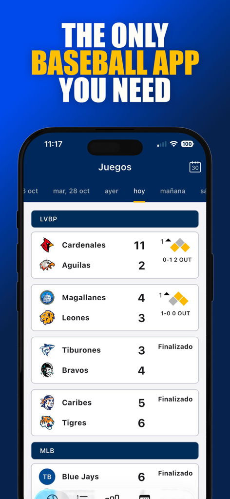 Beisbol Venezuela LVBP 2025 - Interfaz de una aplicación móvil que muestra marcadores en vivo de béisbol para juegos de la LVBP y la MLB