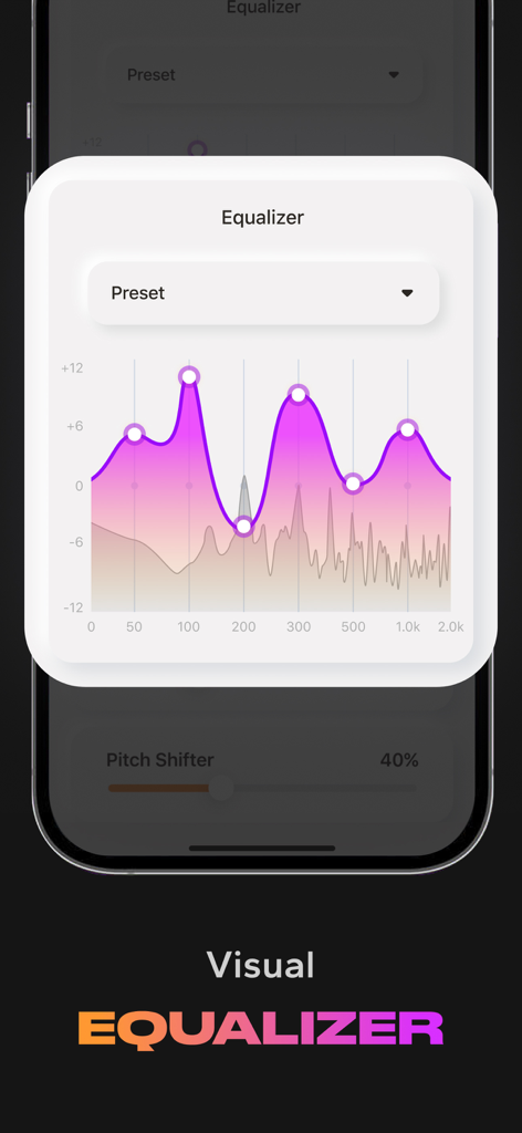 Visual equalizer interface showing frequency levels and presets in the Microphone app