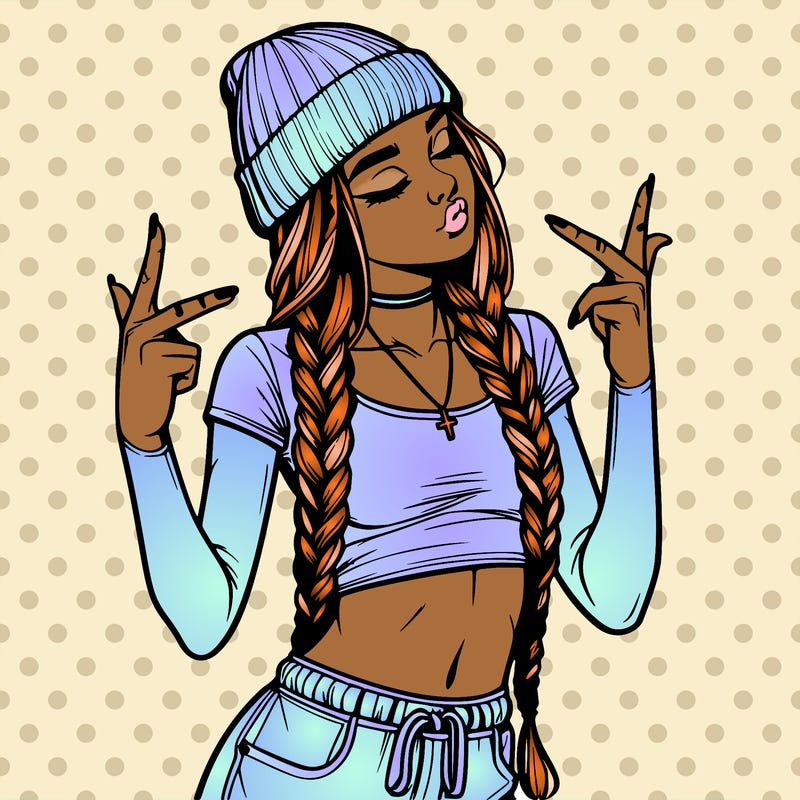 realistic teenage girl with braids and a beanie and crop top doing 🫶🏼