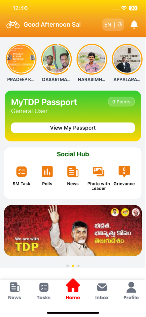 MyTDP - Écran d'accueil de l'application MyTDP montrant le centre social et le flux d'activités politiques