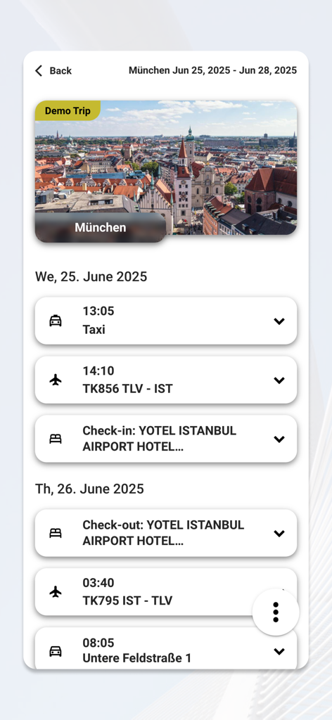Atriis mobile - Atriis mobile app interface showing a detailed business travel itinerary including flights and hotel bookings