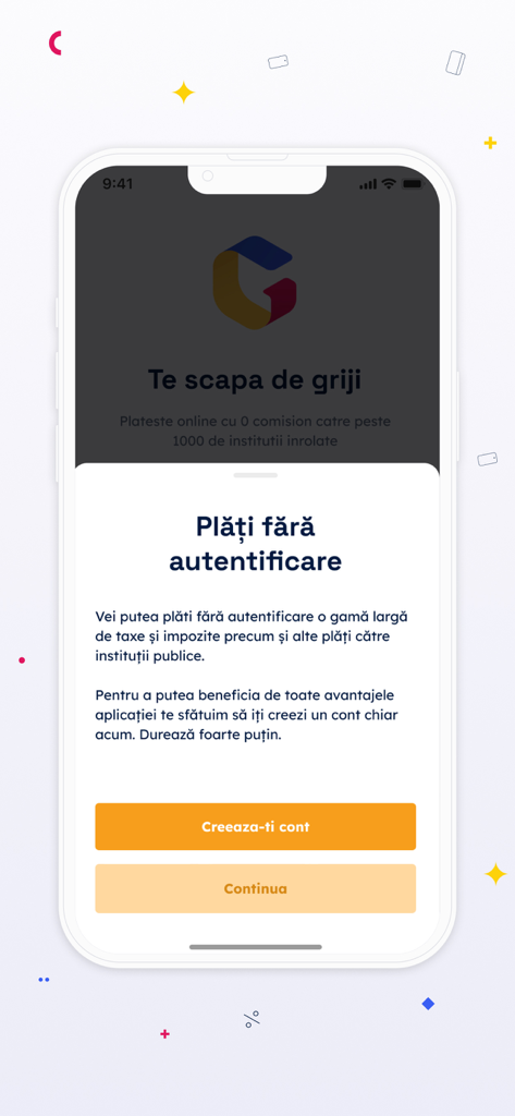 Mobile screen of the Ghiseul.ro app displaying options for unauthenticated payments and account creation.