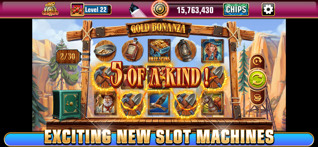 Slingo Casino Gold Bonanza slot machine gameplay with a five of a kind win