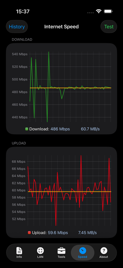 Network Analyzer Pro - Interface de teste de velocidade de internet do Network Analyzer Pro mostrando gráficos de download e upload.