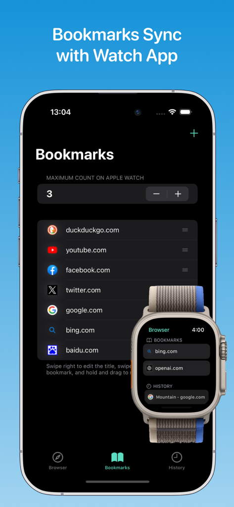Watch用ブラウザアプリで、iPhoneとApple Watch間でブックマークが同期されています。