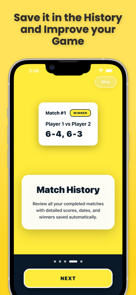 Tennis Score Keeper app onboarding screen showing match history and scoring results