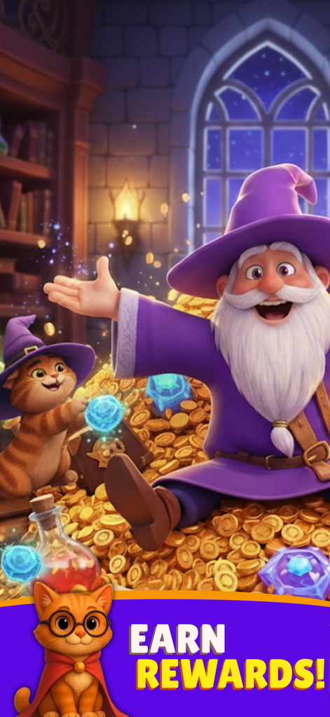 Magic Sort: Water Sort Puzzle - Wizard George und sein Katzenbegleiter sitzen auf einem Haufen Goldmünzen und magischen Kristallen in einem verzauberten Raum