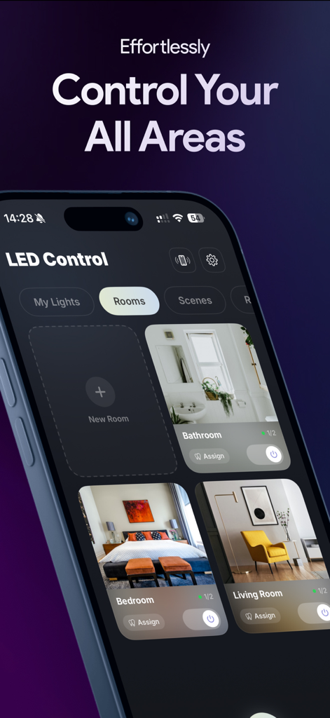 LED Light Controller & Remote - LED Light Controller app interface showing smart light management for different rooms like bedroom and living room
