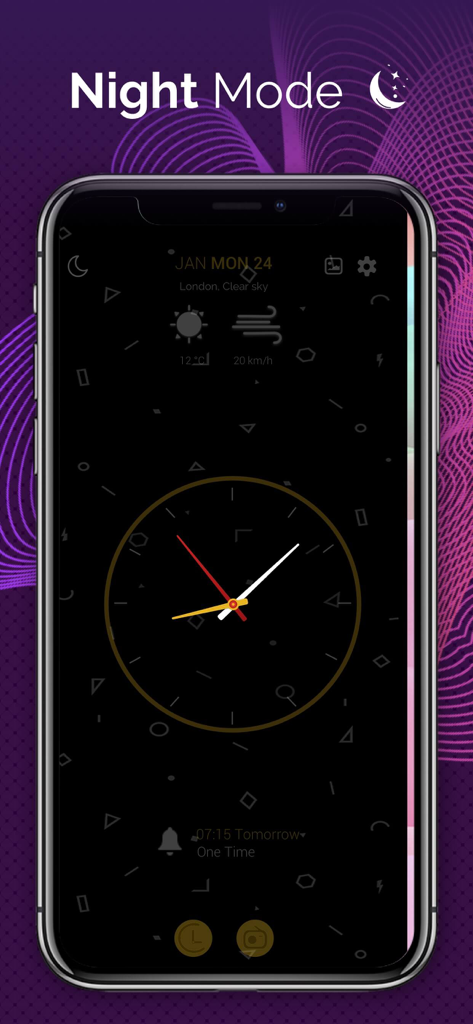 Alarm Clock Radio & Reminders - Aplicativo despertador em modo noturno com um relógio analógico e informações meteorológicas.