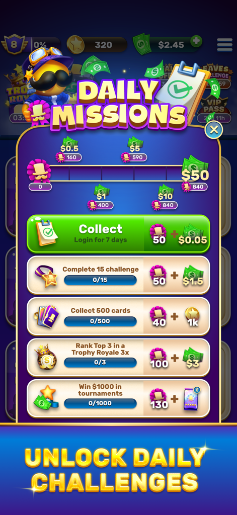 Bingo Stars game interface showing daily missions and cash rewards