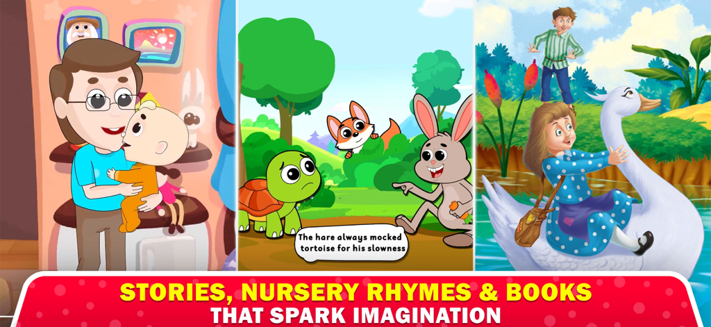 Playbees - Kids Learning Games - Ilustraciones coloridas de la aplicación Playbees que muestran historias y rimas infantiles para niños.