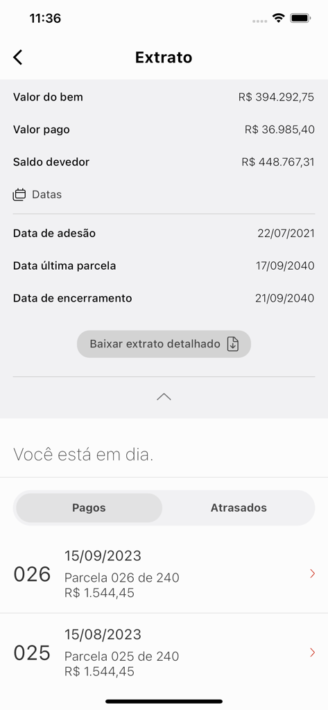 Ademicon - Financial statement screen in the Ademicon app showing asset value and payment history