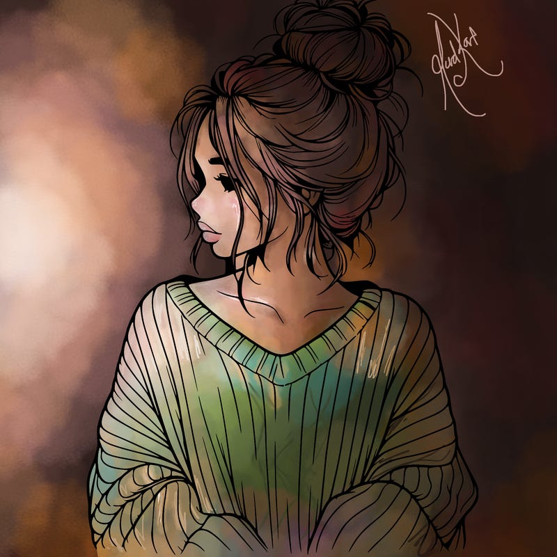 realistic girl wearing a messy bun and an oversized sweater